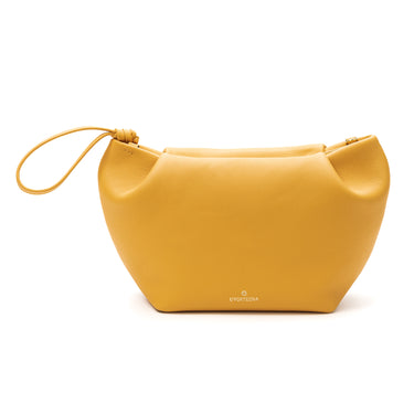 Yellow Leather clutch with shoulder strap, handmade in Spain. La Portegna