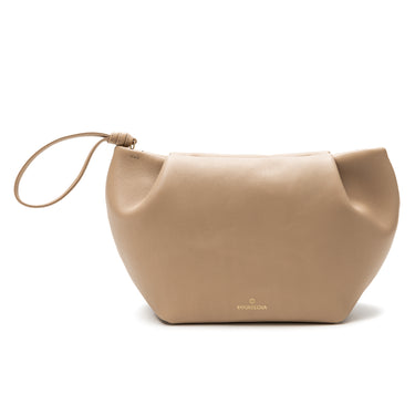 Leather Taupe clutch with shoulder strap, handmade in Spain. La Portegna